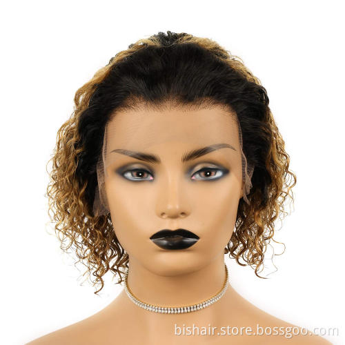 Wholesale curly hair bob head T lace front 1B/27 wig Remy real human hair 13x4 T part short lace front wig suitable for women